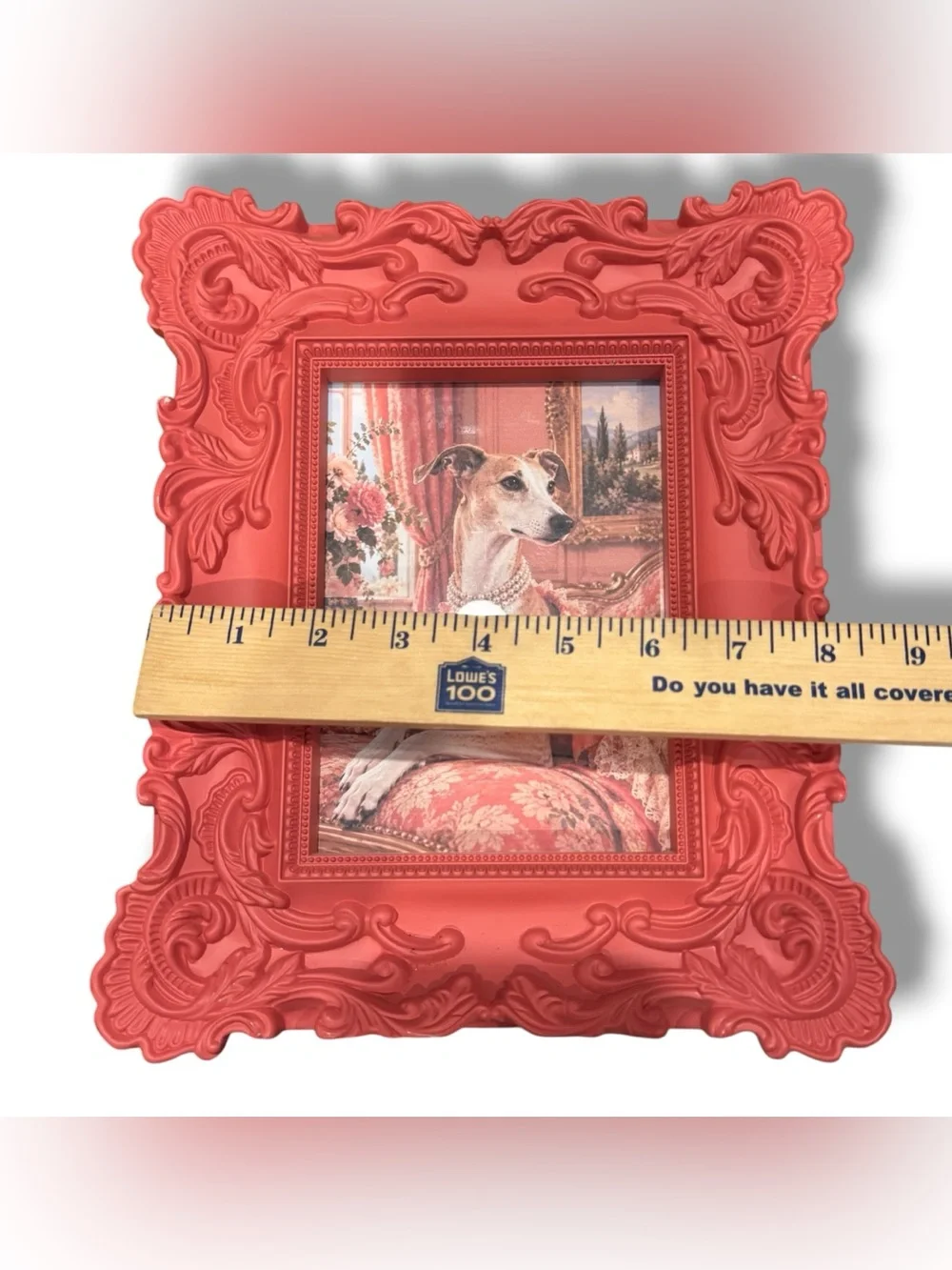 Ornate Coral Rococo Picture Frame Regal Whippet Dog Portrait Cottagecore Decor